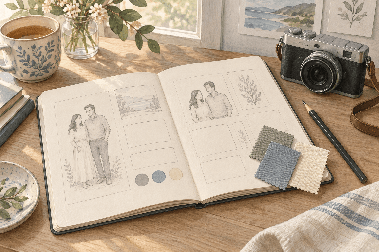A watercolor notebook with portrait sketches, fabric swatches and a camera